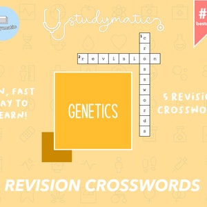 May include: A yellow and white printable genetics crossword puzzle with the word "GENETICS" in a large yellow box. The puzzle is labeled "5 Revision Crosswords" and is described as a "Fun, Fast Way to Learn!"