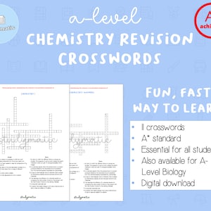 May include: A-level Chemistry Revision Crosswords study guide with two crossword puzzles and answer keys. The guide is designed to be a fun and fast way to learn. It is available for A-level Biology students and is a digital download.