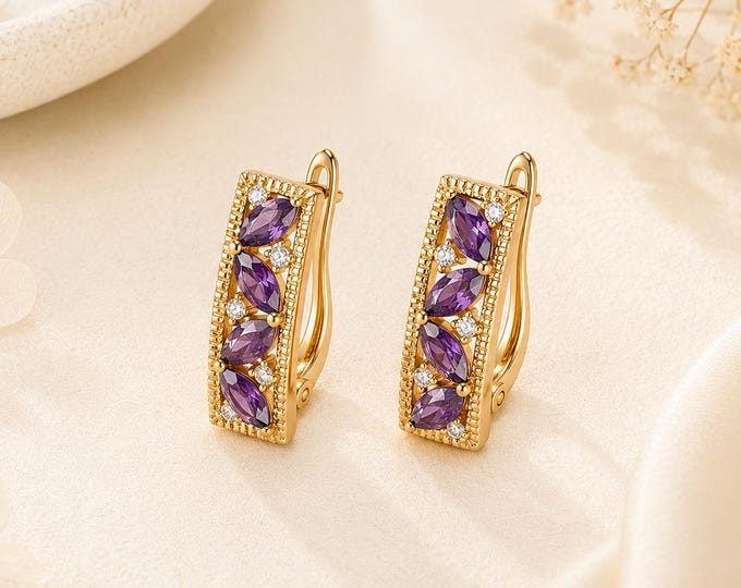 Purple Cubic Zirconia Hoop Earrings, 18K Gold Plated Huggie Earrings, Rectangle Hoop Earrings, Vintage Gold Jewelry Gift for Her
