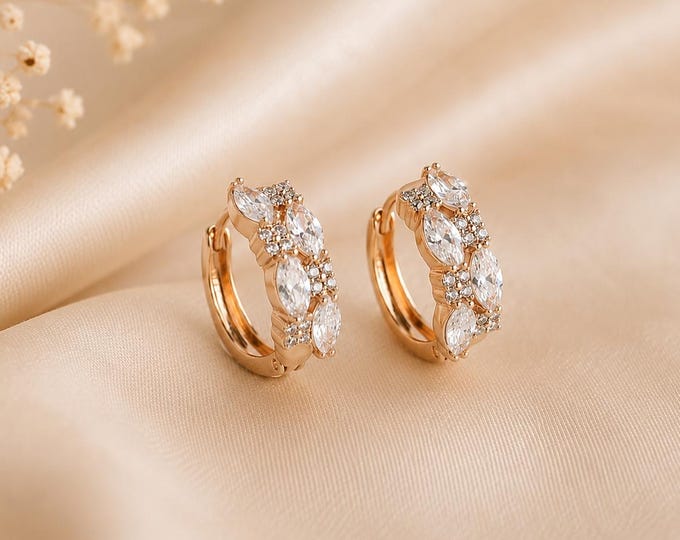 18K Gold Plated Marquise CZ Hoop Earrings, Sparkling Crystal Huggie Earrings, Elegant Leaf Cluster Hoops, Bridal Gold Earrings for Her