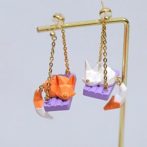 Fox on Swing Earrings ear cuff earrings ear clip minimal  no hole gift for her for women 925 silver cute animal 3D print Cartoon