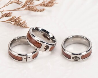 Aangepaste Tungsten 8mm hout ingelegde ring voor mannen belofte mannen ring voor hem gegraveerde ring gepersonaliseerd cadeau voor vader
