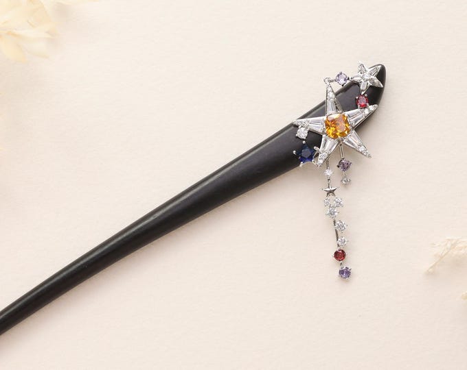 Handmade Wood & Copper Hair Stick:Zircon Star Hair Pin