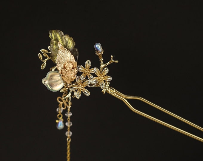 Handmade Copper Flower Hair Stick: Butterfly Dangle Tassel Hair Pin