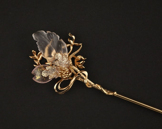 Handmade Copper Flower Hair Stick: Pink Resin Butterfly Hair Pin