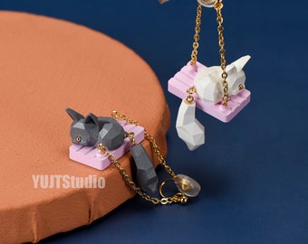 Cat on Swing Earrings ear cuff earrings ear clip minimal no hole gift for her for women 925 silver cute animal 3D print Cartoon
