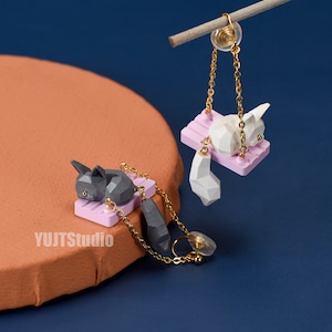 Cat on Swing Earrings ear cuff earrings ear clip minimal no hole gift for her for women 925 silver cute animal 3D print Cartoon
