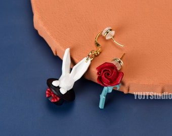 Magician earrings ear cuff rabbit rose ear clip loop mini earrings gift for her gift for women 925 silver cute animal 3D print Cartoon