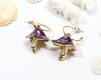 Copper Mushroom earrings ear cuff earrings ear clip minimal ear loop mini earrings gift for her gift for women 18k gold plated