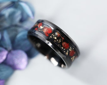 Handmade Stainless Steel Resin Ring: Black Rose, Engraved Gift (8mm)