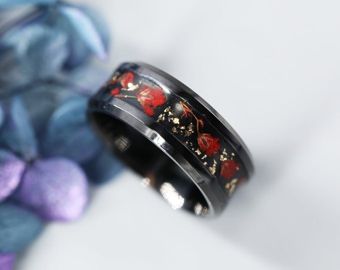Handmade Stainless Steel Resin Ring: Black Rose, Engraved Gift (8mm)