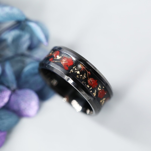 Anillo de flor real de rosa negra de acero inoxidable hecho a mano de 8 mm para hombre para mujer anillo de resina para él anillo grabado regalo personalizado para padre