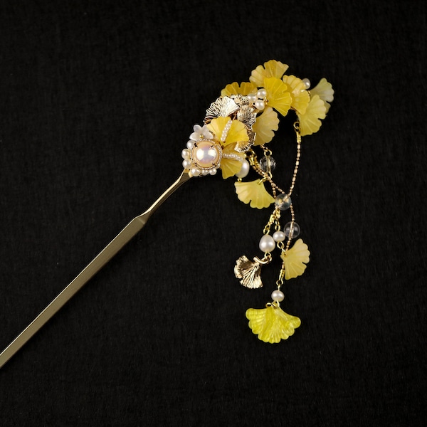 Handmade resin ginkgo leaf hair stick flower hair pins yellow copper leaves pearl hair accessories gift for her women girl hair pin jewelry