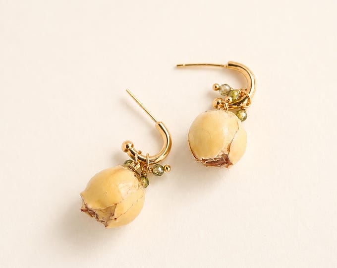 Botanical Rosebud Earrings, Yellow Flower Dangle Earrings, Gold Hoop Earrings, Cottagecore Floral Jewelry, Romantic Gift for Her