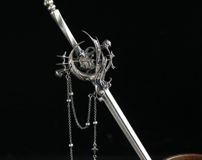 Celestial Sword Hair Pin, Ocean of Time Fantasy Hair Stick, Antique Silver Moon Star Hair Accessory