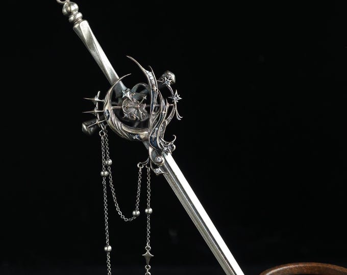 Celestial Sword Hair Pin, Ocean of Time Fantasy Hair Stick, Antique Silver Moon Star Hair Accessory