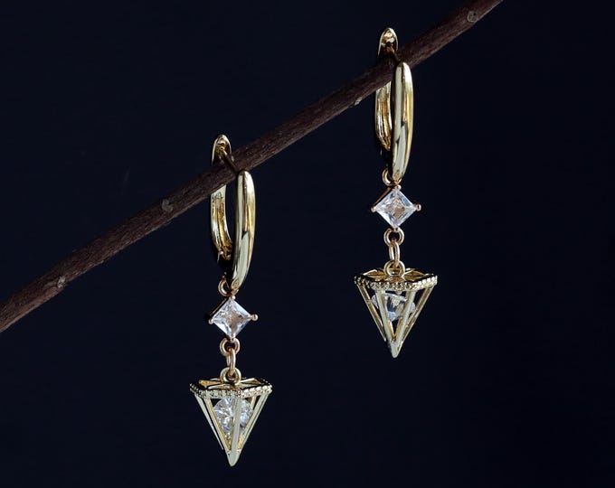 Handmade zircon dangle drop earrings 14 glod plated ear hoop