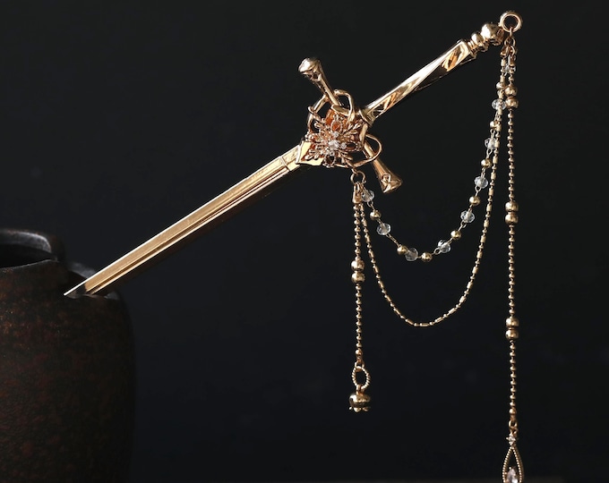 Handmade Sword Hair Stick: Copper & Goldcolor Dangle Hair Pin