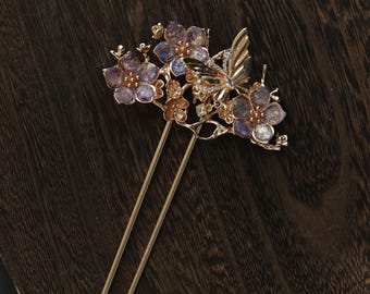 Handmade Purple Flower Hair Stick: Copper Butterfly Hair Pin