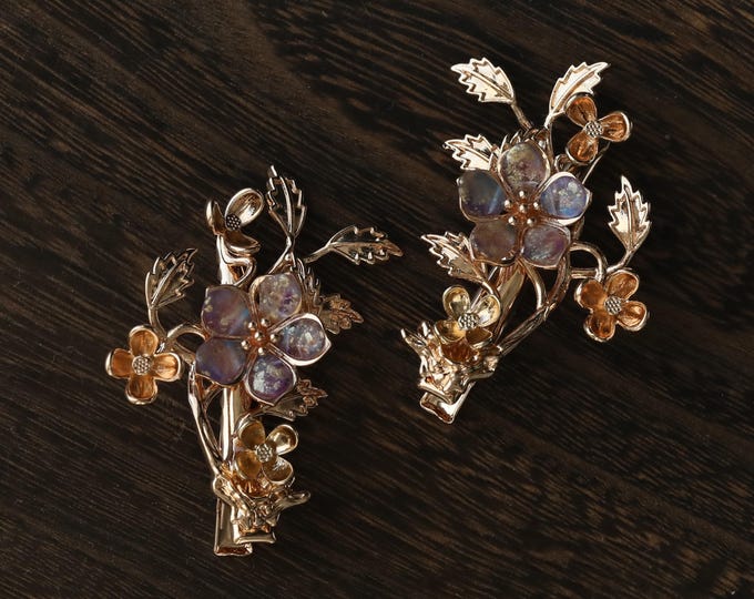 Handmade CZ beads purple flower hair clip leaves copper gold hair duckbill clip hair accessories gift for her women jewelry