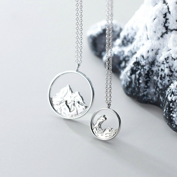 Customized sterling silver Mountain and Sea Couple Necklace his and hers necklace personalized gift for her for him 925 silver couple gift