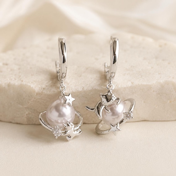 Celestial Silver Earring Set, 6 Piece Star Cat Pearl Earrings, CZ Studs & Planet Drop Earrings, 925 Silver Post, Gift for Her