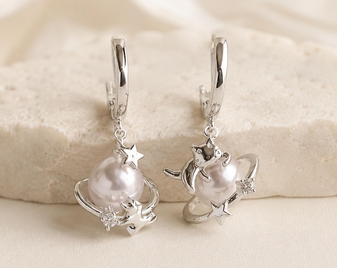 Celestial Silver Earring Set, 6 Piece Star Cat Pearl Earrings, CZ Studs & Planet Drop Earrings, 925 Silver Post, Gift for Her