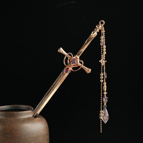 Handmade Sword Hair Stick: Falling Star Purple Zircon Dangle Hair Pin