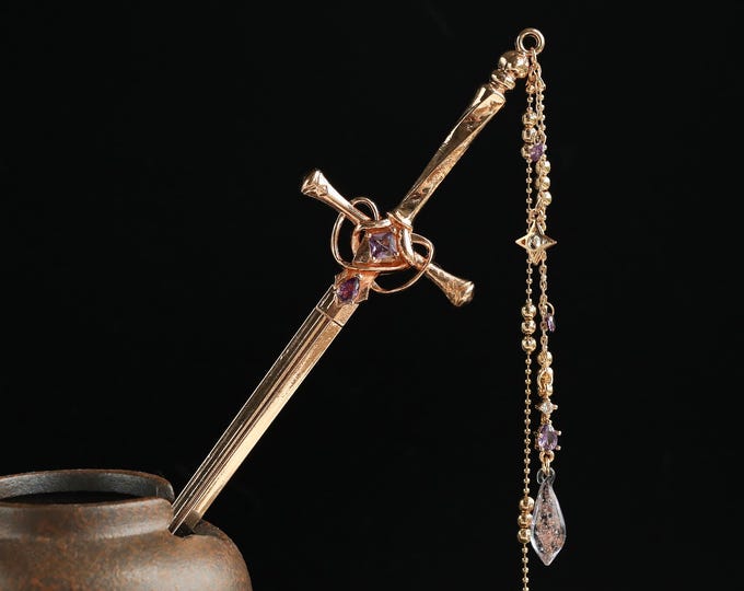 Handmade Sword Hair Stick: Falling Star Purple Zircon Dangle Hair Pin