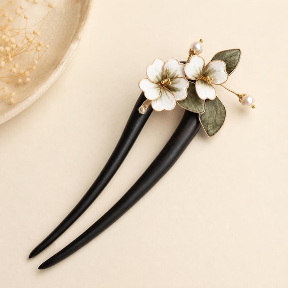 Handmade Wood & Copper Hair Fork:White Flower hair pin