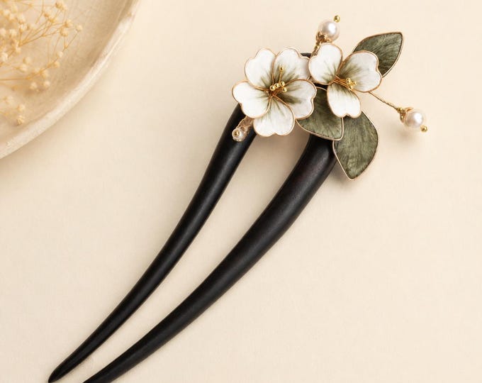 Handmade Wood & Copper Hair Fork:White Flower hair pin