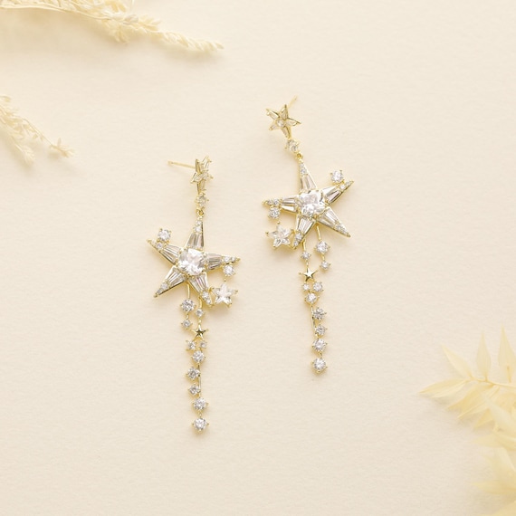Celestial Star Dangle Earrings, Copper Zircon 925 Silver Earrings Post