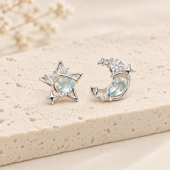 Celestial Star Stud Earrings, Silver Earrings with Blue Zircon, Sterling Silver Post Earrings, Hollow Star Jewelry, Galaxy Inspired Earrings