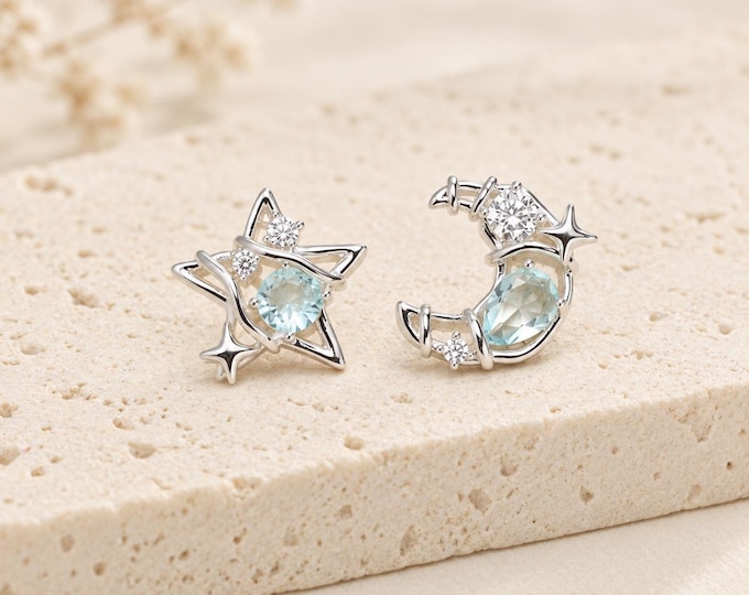 Celestial Star Stud Earrings, Silver Earrings with Blue Zircon, Sterling Silver Post Earrings, Hollow Star Jewelry, Galaxy Inspired Earrings
