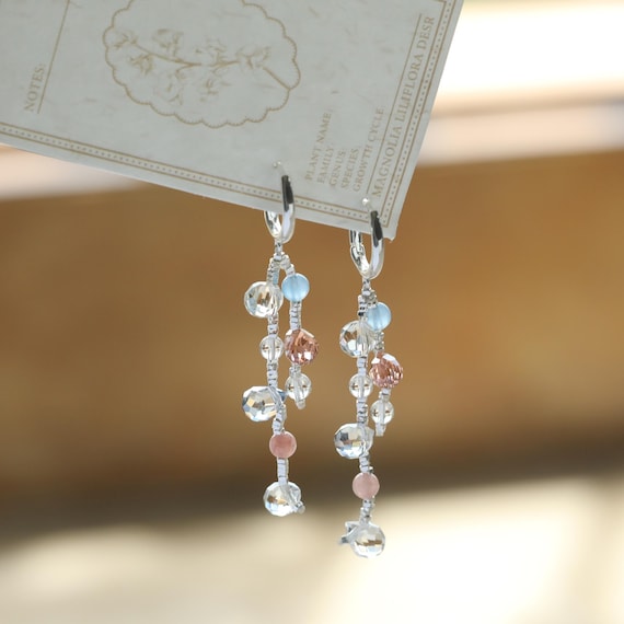 Pastel Crystal Tassel Hoop Earrings, Silver Dangle Earrings, Colorful Beaded Drop Earrings, Boho Chandelier Earrings, Gift for Her