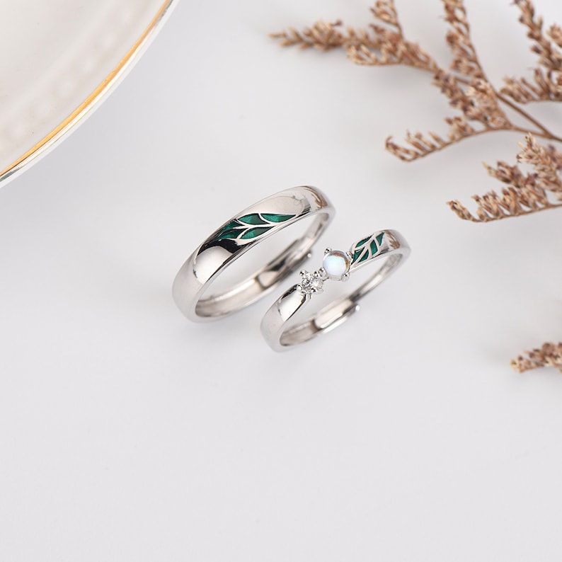 Anillos de pareja de hojas personalizados anillos de él y ella anillo de promesa regalo personalizado para ella para pareja 925 plateado Set for Both
