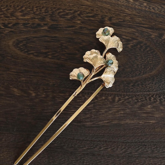 Handmade Ginkgo Leaf CZ Beads Hair Stick: Copper Goldcolor Hair Pin