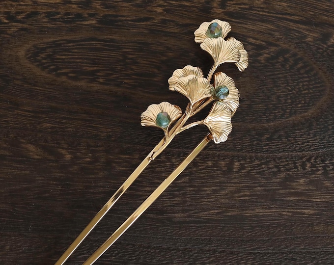 Handmade Ginkgo Leaf CZ Beads Hair Stick: Copper Goldcolor Hair Pin