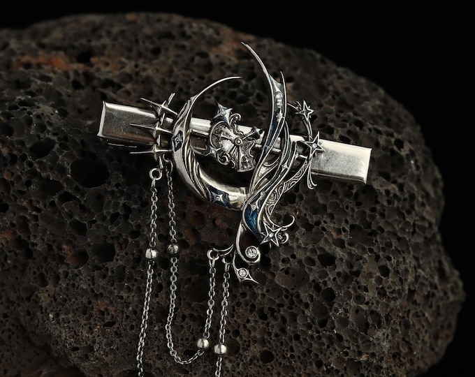Ocean of Time Celestial Hair Clip, Antique Silver Moon Star Barrette, Fantasy Cosmic Hair Accessory, Gothic Crescent Moon Hair Jewelry
