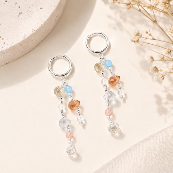 Pastel Beaded Tassel Hoop Earrings, Silver Dangle Boho Jewelry