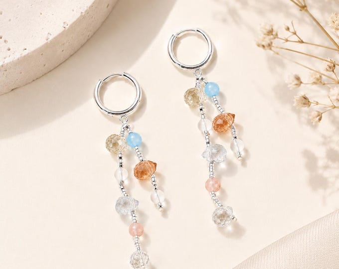 Pastel Beaded Tassel Hoop Earrings, Silver Dangle Boho Jewelry
