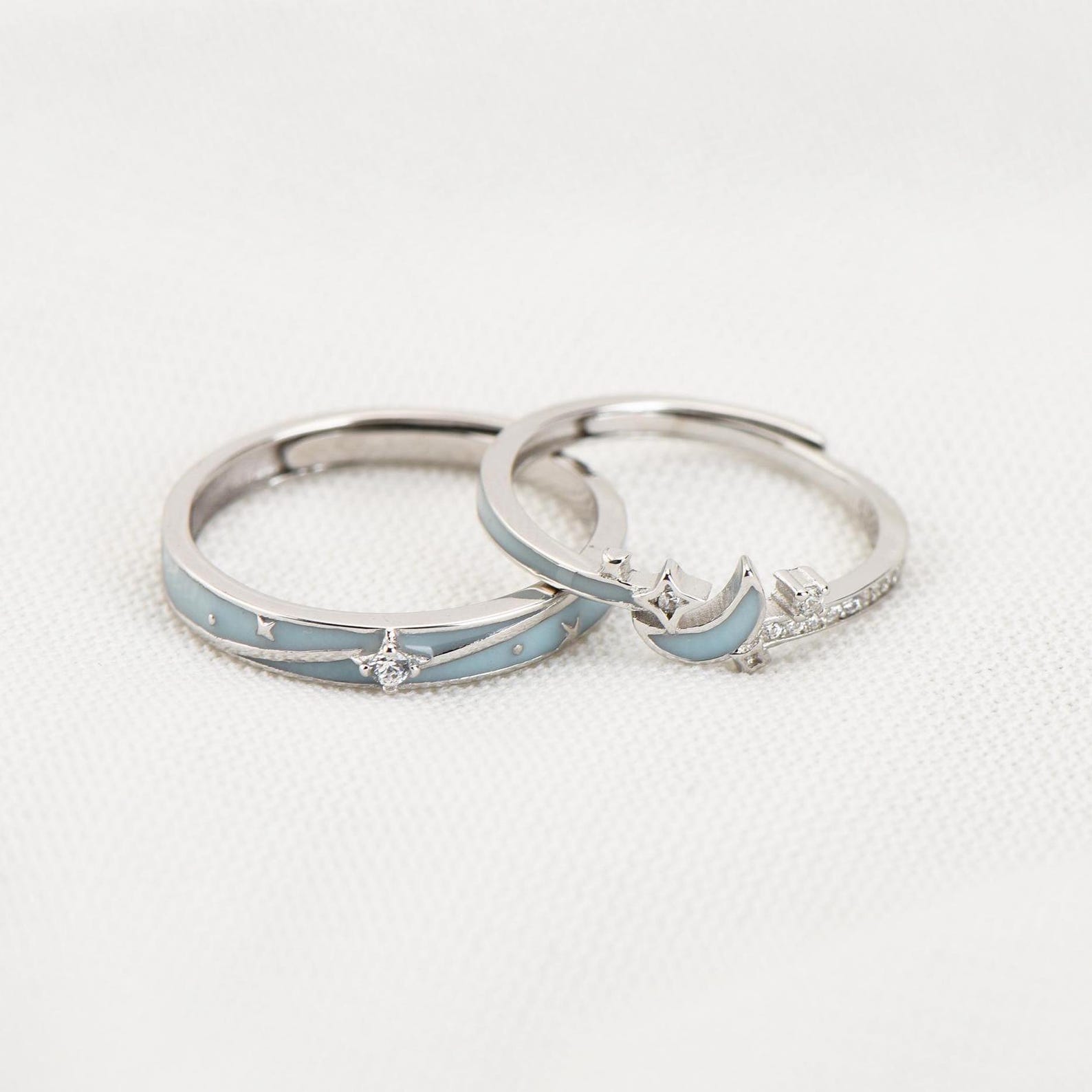 Star Promise Rings Customizable Blue Moon and Star Sterling Silver Couple Rings: Promise ...