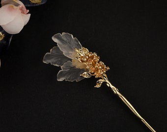 Handmade chinese style resin white hair stick flower hair sticks hair pin copper leaves pearl hair accessories gift for her women jewelry