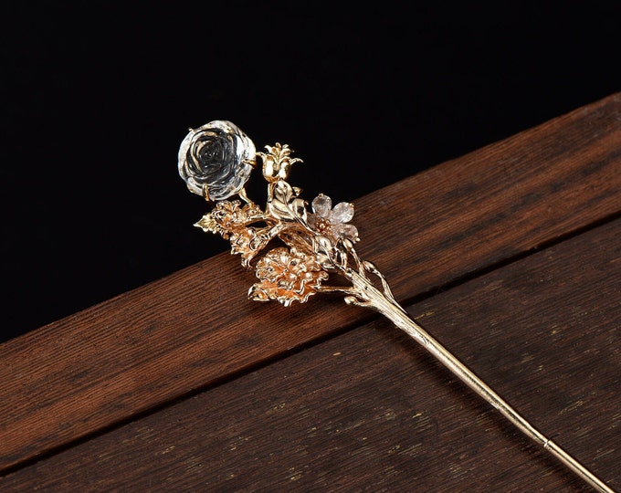 Handmade zircon rose flower gold hair stick hair pin white copper leaves silver hair accessories gift for her women mother hair jewelry
