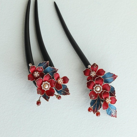 Handmade Wood & Copper Hair Fork:Red Flower hair pin