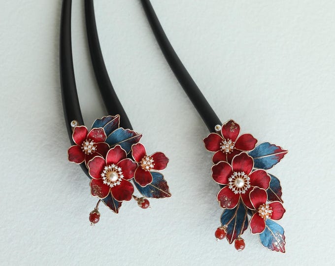 Handmade Wood & Copper Hair Fork:Red Flower hair pin