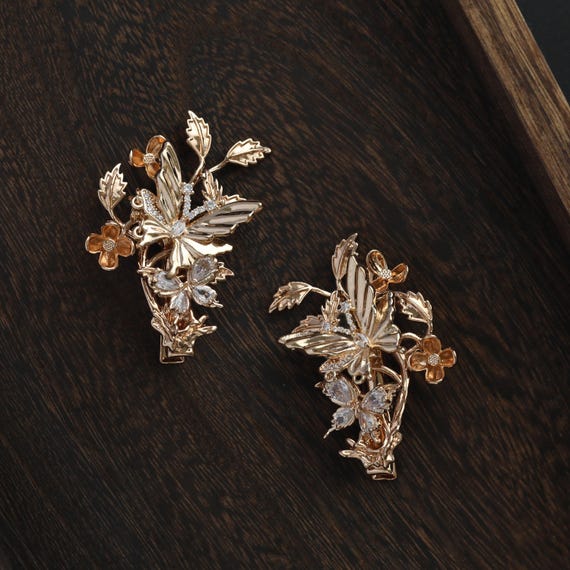Handmade Zircon Butterfly flower hair clip leaves copper gold hair duckbill clip hair accessories gift for her women jewelry