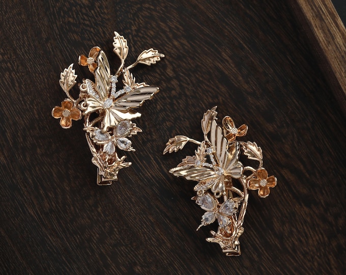 Handmade Zircon Butterfly flower hair clip leaves copper gold hair duckbill clip hair accessories gift for her women jewelry
