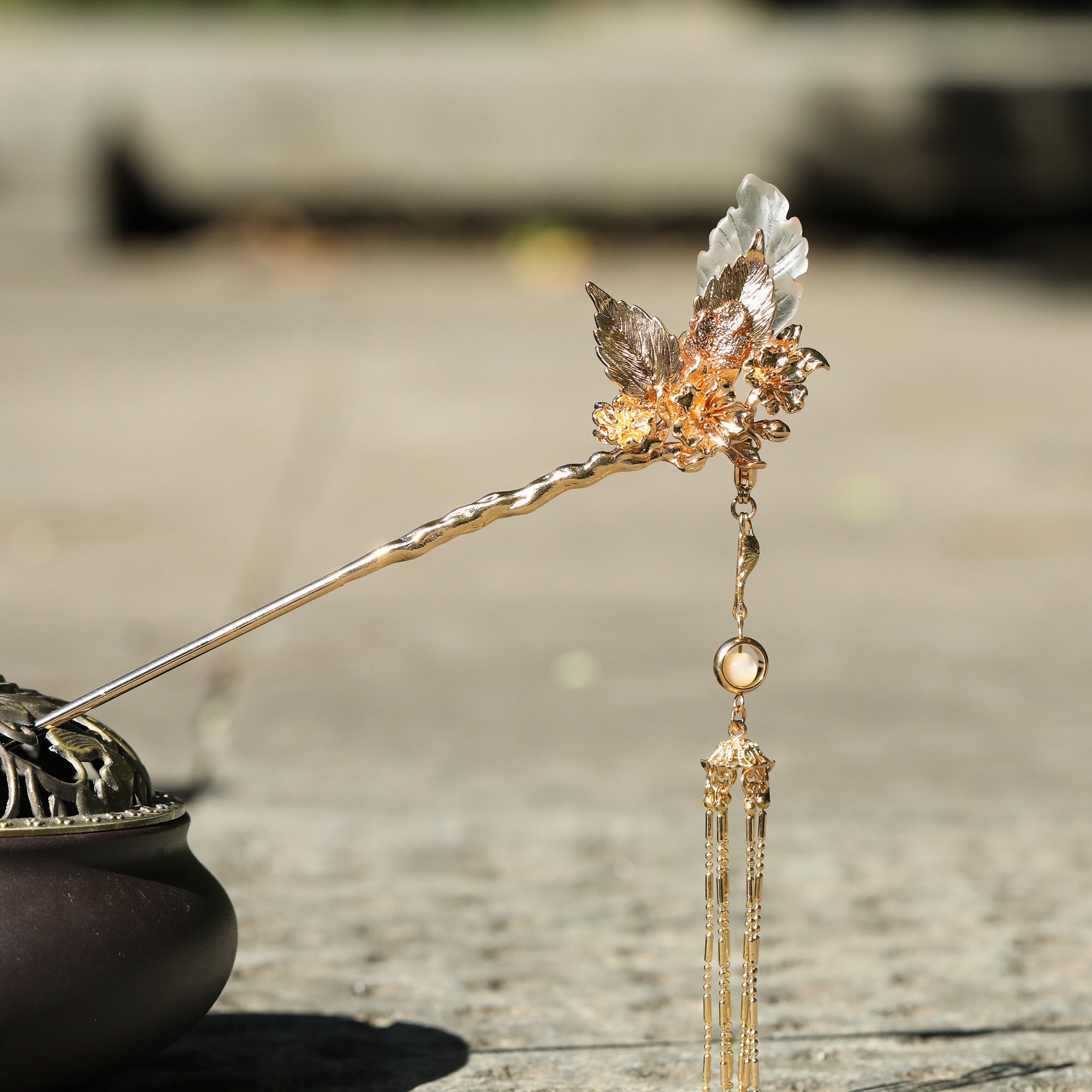 Handmade Copper Hair Stick: Goldcolor Butterfly Dangle 