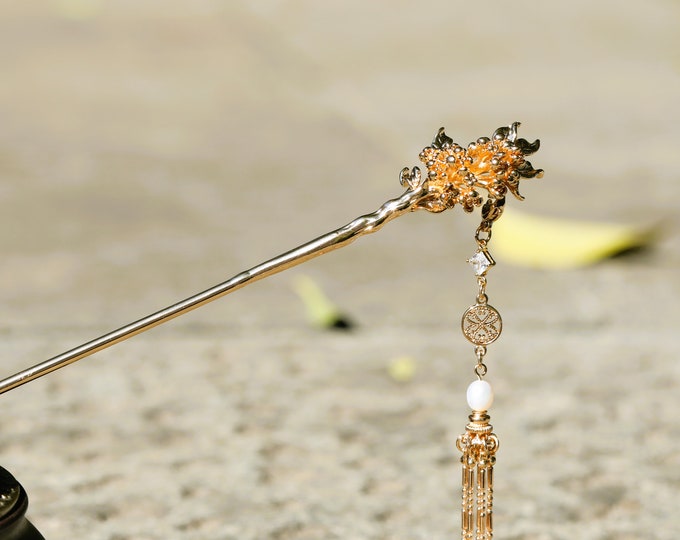 Handmade Flower Hair Stick: Copper Dangle Hair Pin Goldcolor